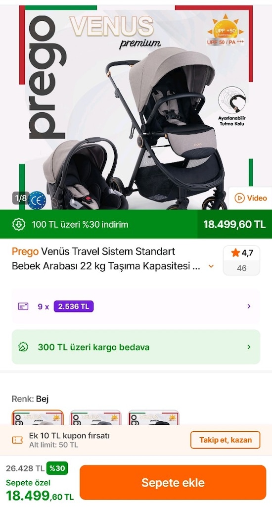 Prego Venüs Travel Sistem Standart Bebek Arabası 22 kg Taşıma Kapasite - 13