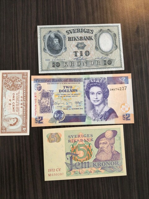 ÇİL/UNC DÜNYA BANKNOTLARI LOTU | BELİZE 2 DOLAR + İSVEÇ + HONG KONG