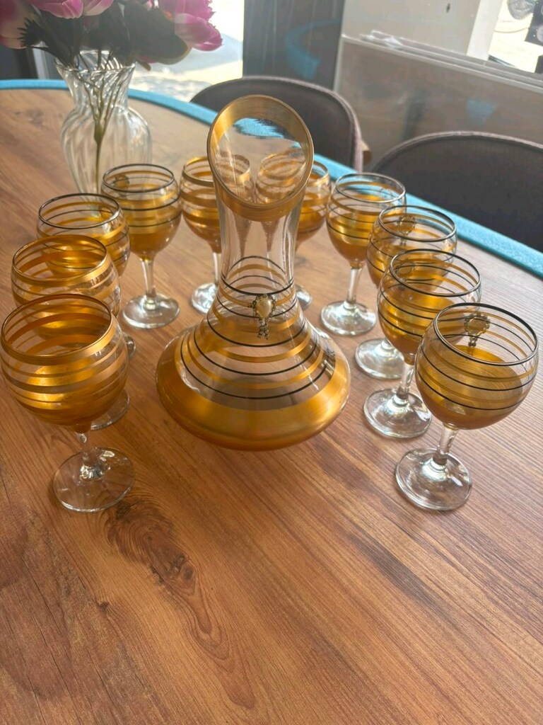 Vintage Altın Sarısı Yaldızlı Karaf ve 10'lu Kadeh Likör Şarap Takımı - 2