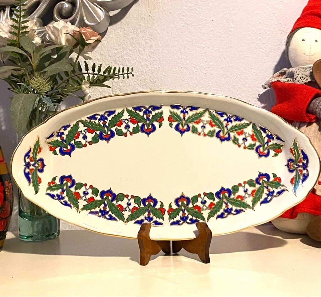 Vintage Güral Porselen EL DEKORU Büyük Boy Tepsi - 9