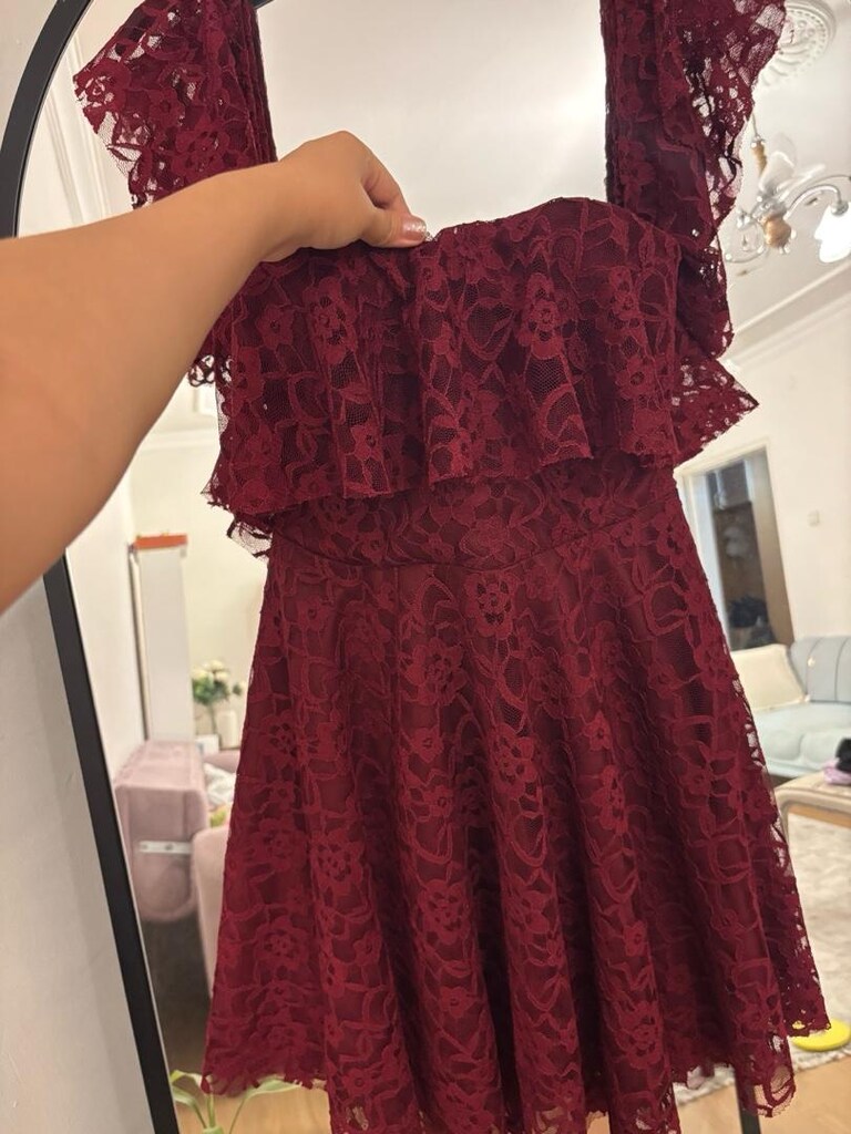 bayan abiye kısa güpür L beden bordo temiz kusursuz - 2