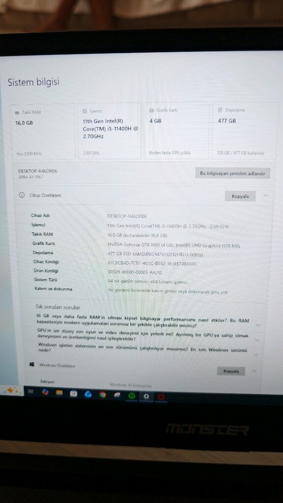 Monster Laptop ABRA A5 V16.7.3 i5 işlemci 2 yıllık cihaz kullanılmadı. - 13