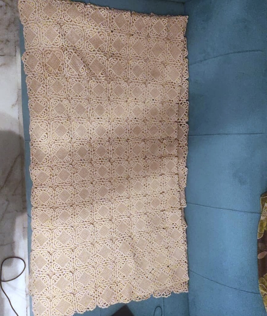 El Örgüsü Kalın Dokulu Bej Örtü - Baklava Motifli Vintage - 2
