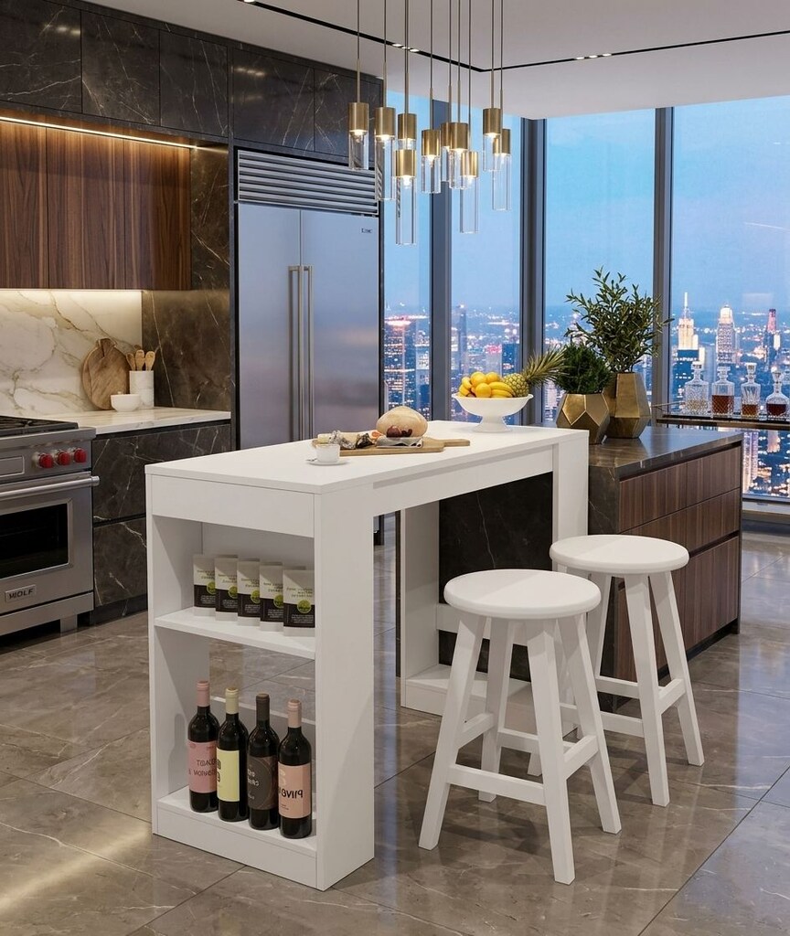Sıfır , %100 MDF , Bar Masası / Çok Amaçlı Raflı Mutfak Masası - Beyaz - 3