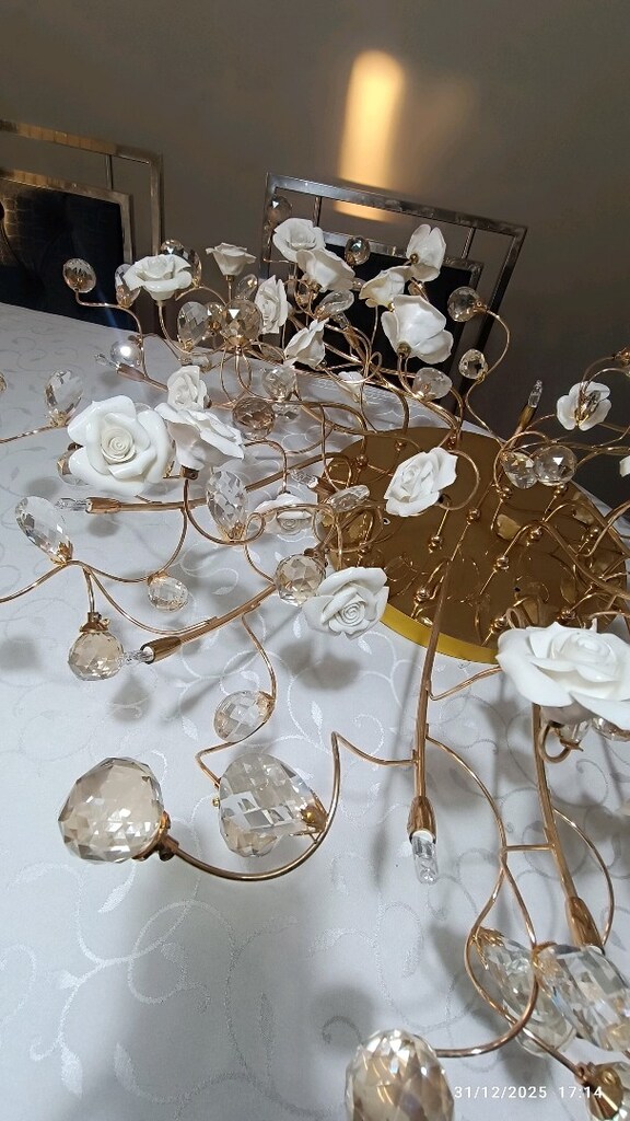 Altın Rengi Çiçek Detaylı Kristal Avize - 7