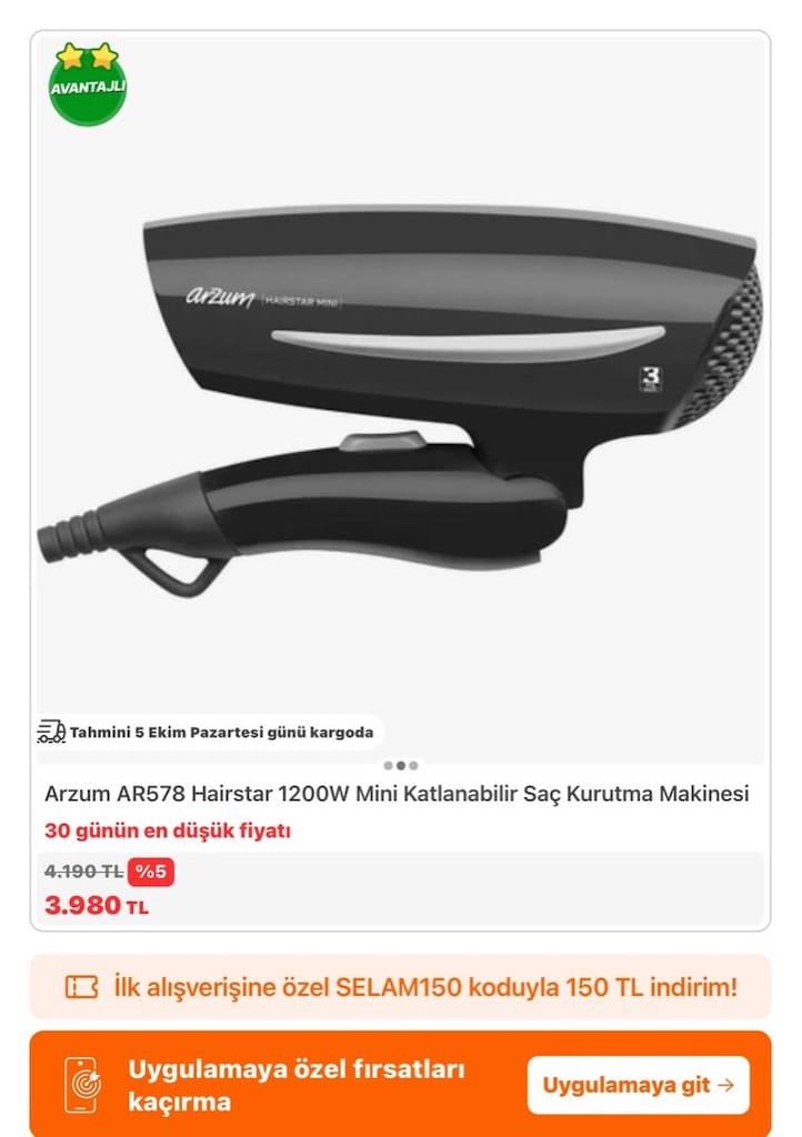 ARZUM HAIRSTAR MİNİ KATLANABİLİR MUHTEŞEM SAÇ KURUTMA FÖN MAKİNESİ - 3