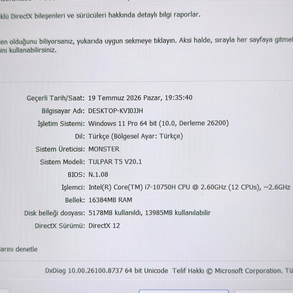 MONSTER TULPAR / RTX2060 / 16 RAM + SSD / İ7 İŞLEMCİ / 144 HZ EKRAN / - 11