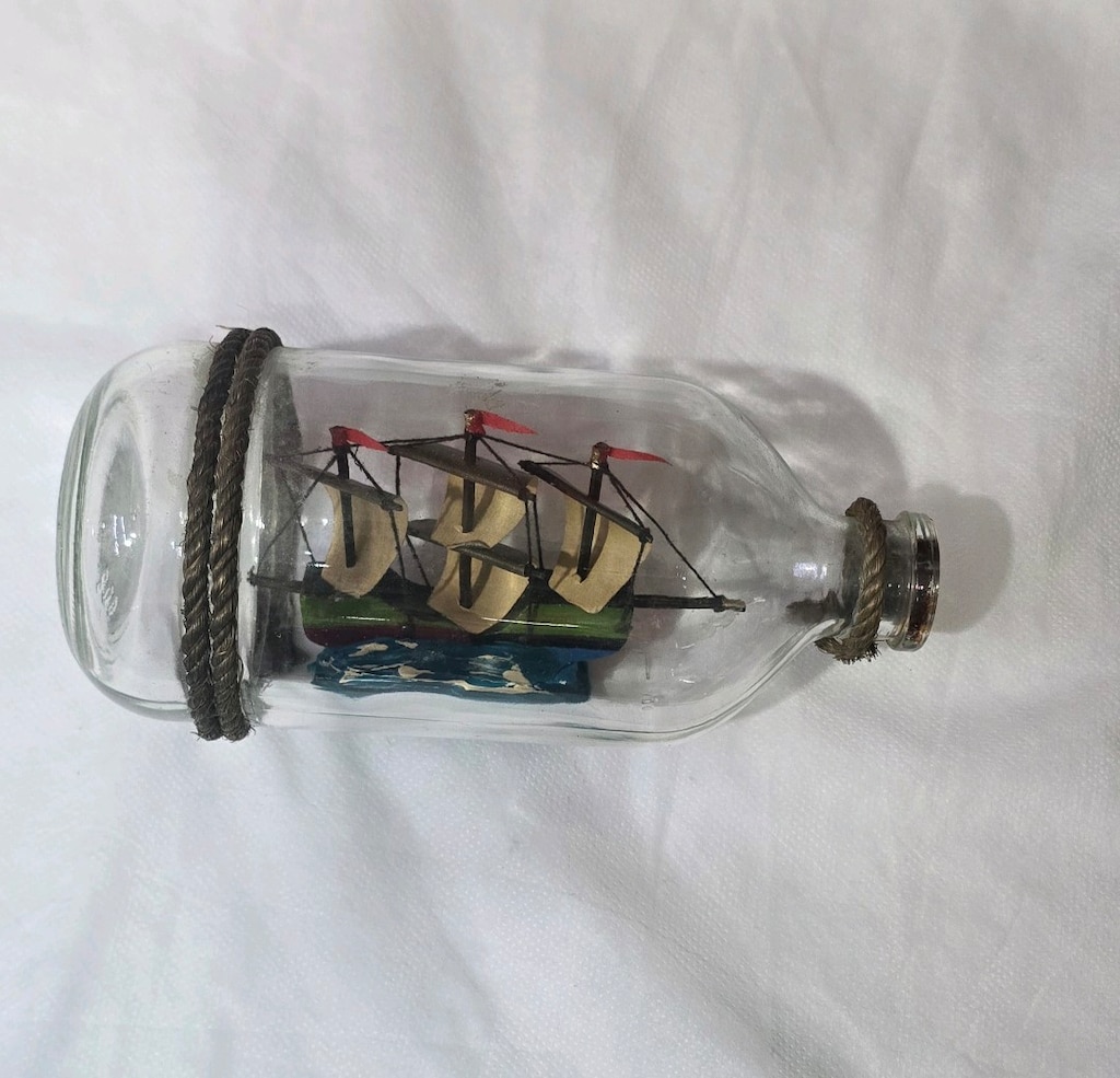 Vintage Cam Şişe İcinde Dekoratif Yelkenli Gemi Maketi - 5