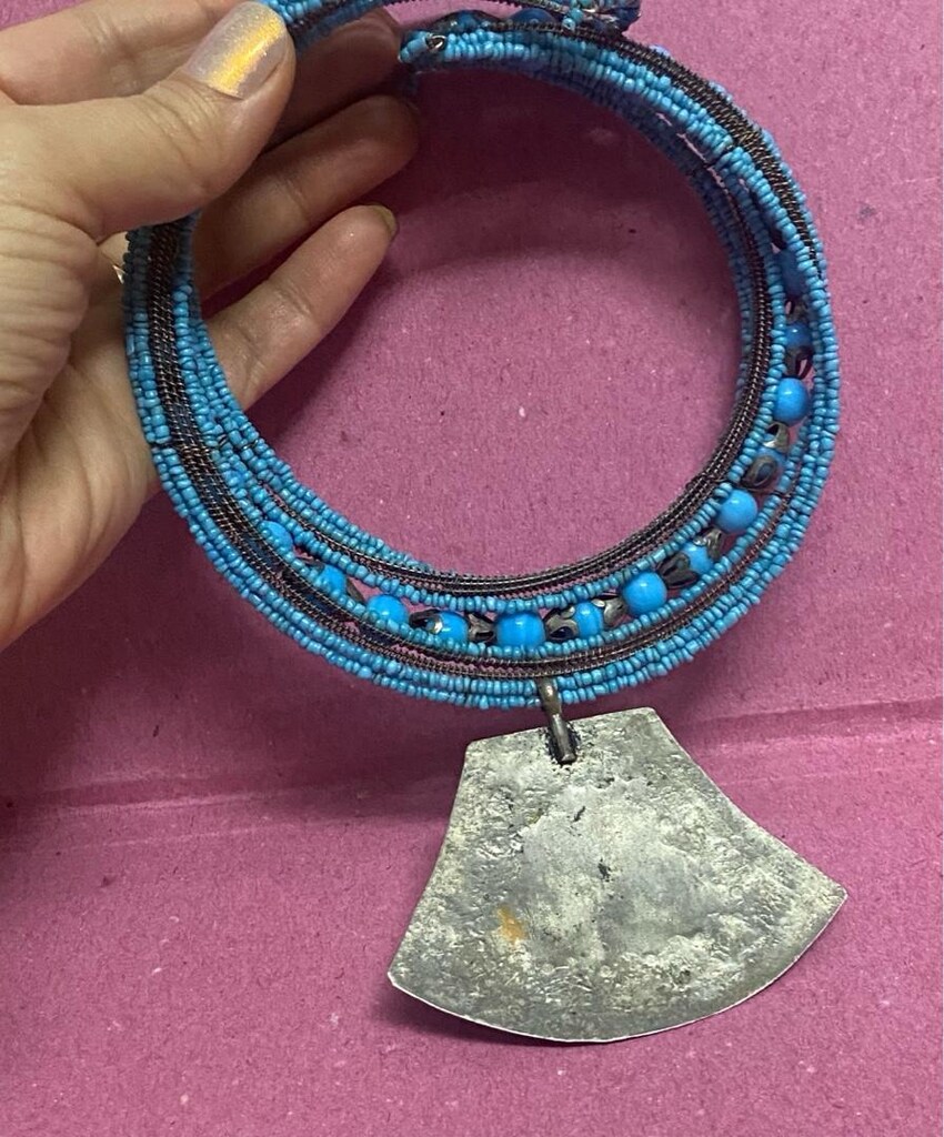 Vintage El İşçiliği Mavi Cam Boncuklu Choker ( Tasma ) Kolye - 2
