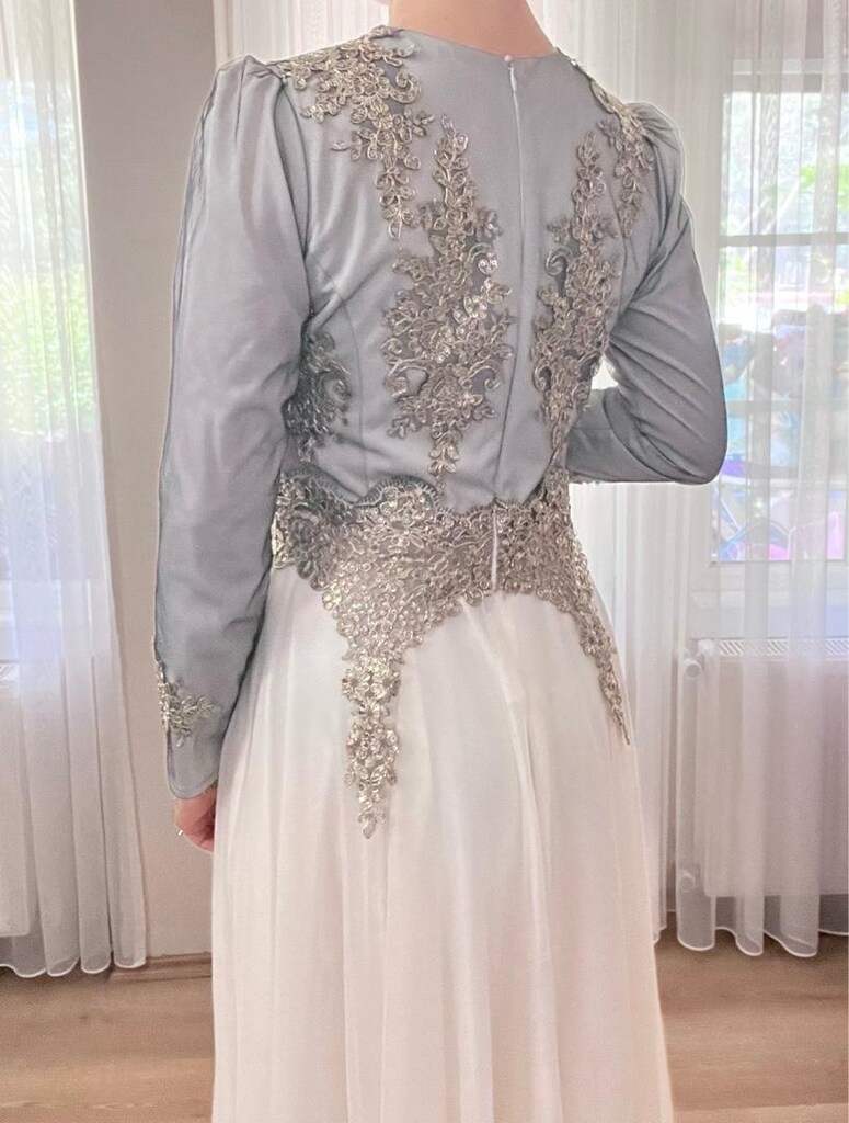 Abiye elbise M beden krem - gri - 4
