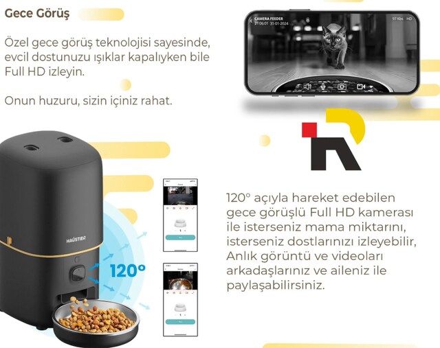 Haustier PF05 FHD Kameralı Görüş Akıllı Otomatik Kedi Mama Kabı Beyaz