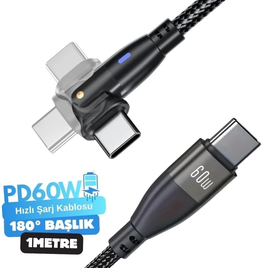 1 Metre 60/100W Type-C Erkek 180° Döner Uç Hızlı Şarj Data Kablo - 2