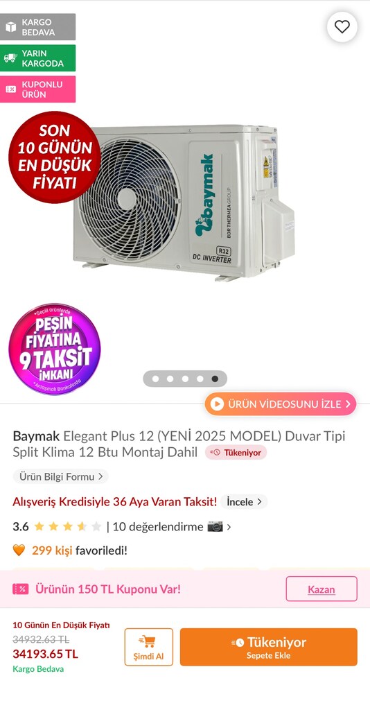 İNDİRİM İNDİRİM BAYMAK ELEGANT ECO 12000 BTU INVERTER KLİMA 29.500 SON - 8