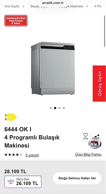 Arçelik 6444 OK I Bulaşık Makinası Sıfır