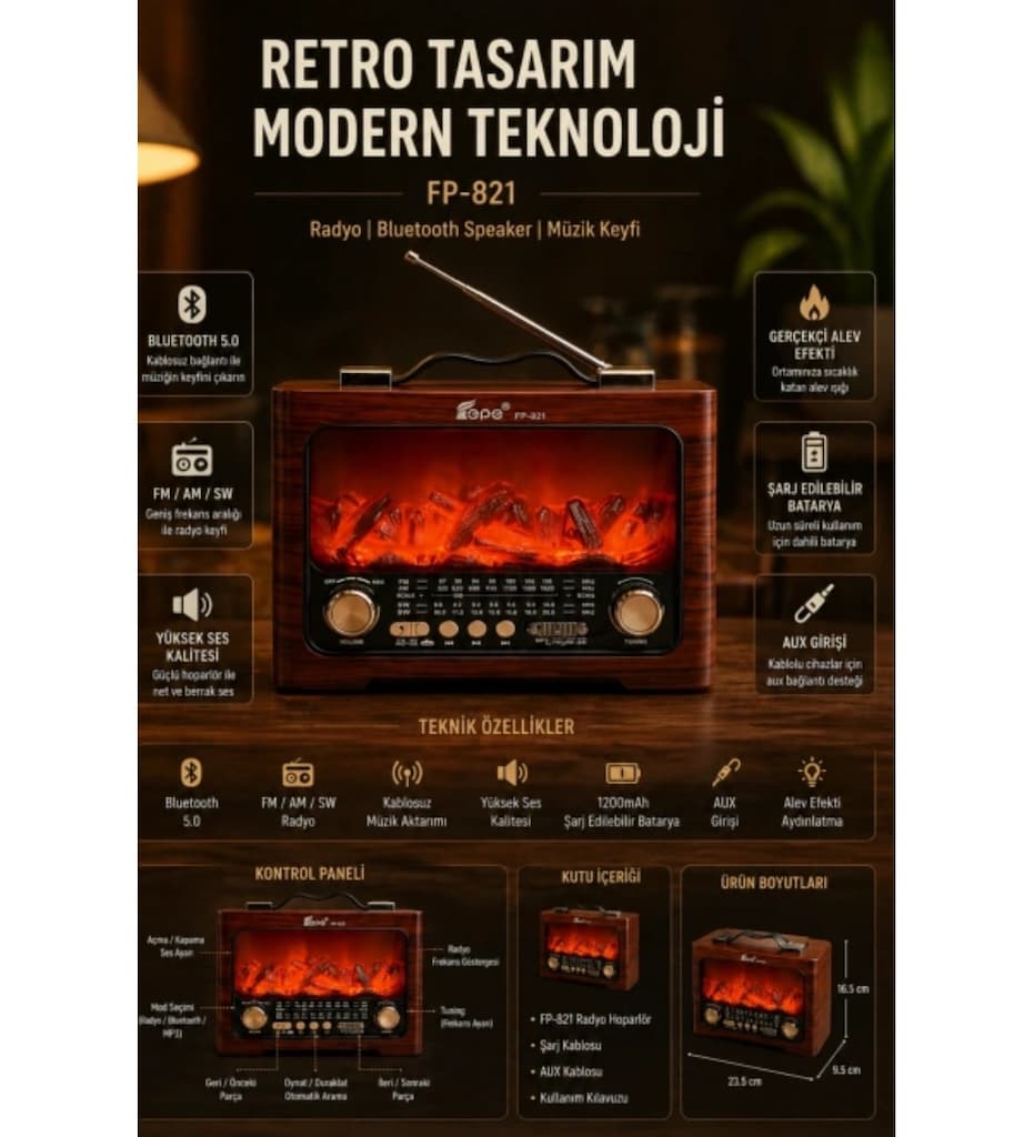 Nostaljik Radyo FP-821 Şömine Efektli Ahşap Görünümlü USB TF - 3