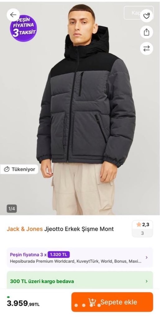 SIFIR Jack & Jones Jjeotto Erkek Şişme Mont Gri Kapüşonlu - 3