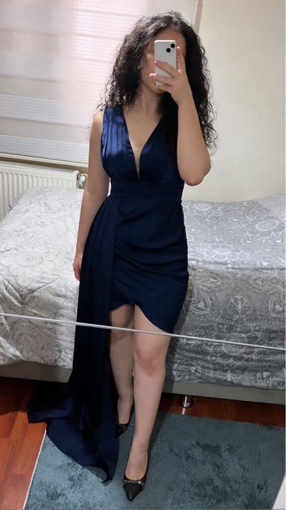 ZENABİYEM Kadın Saten V Yaka Mini Abiye Elbise - 3