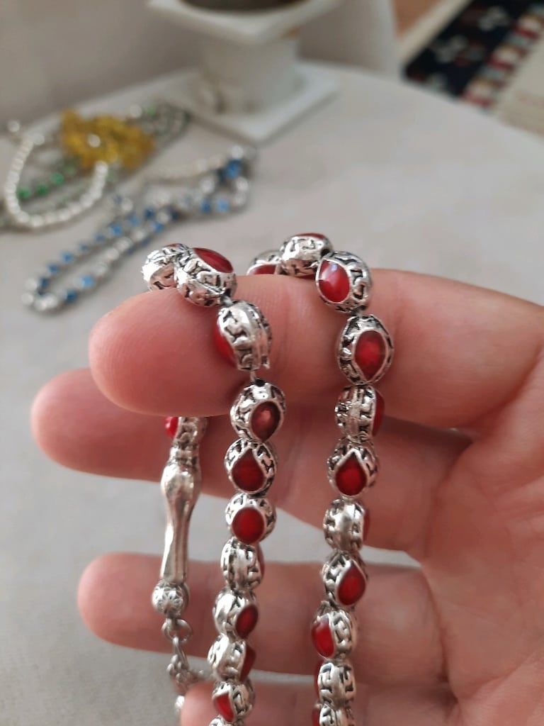kırmızı mineli kafesli gümüş kaplama tesbih - 4