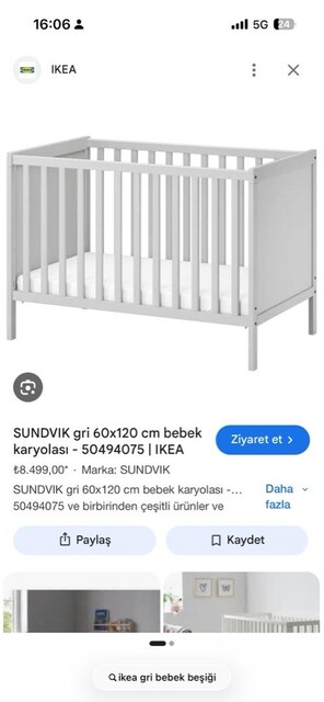 ıkea sundvik gri bebek beşiği 60x120