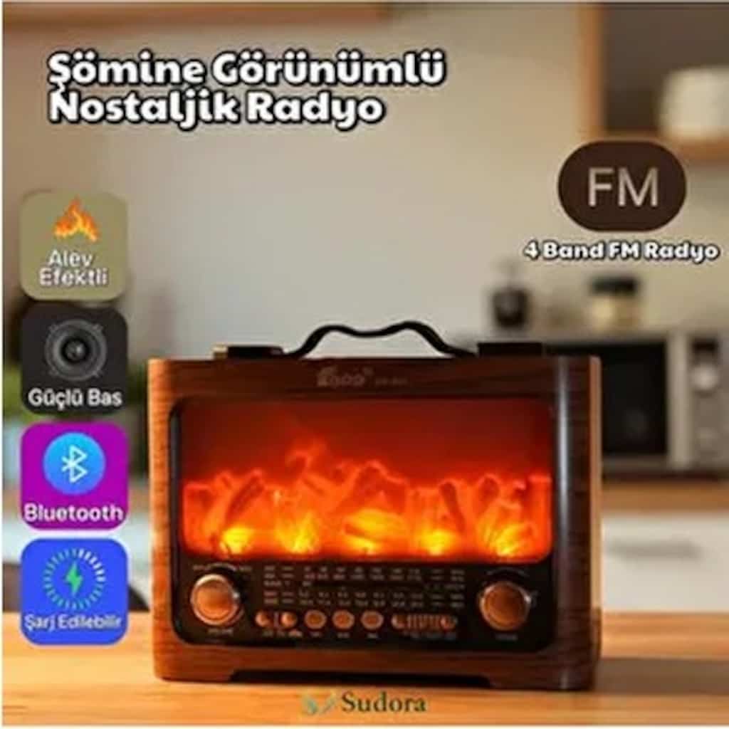 Nostaljik Radyo FP-821 Şömine Efektli Ahşap Görünümlü USB TF - 4