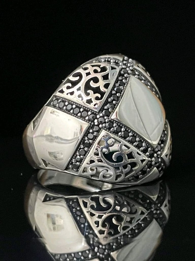 925 Ayar Gümüş Oksitli Geometrik Desenli Taşsız Erkek Yüzük – 7,5 Gram - 4