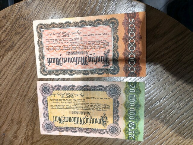1923 Trier Notgeld Orijinal Banknot Seti | 20 ve 50 Milyon Mark Hipere