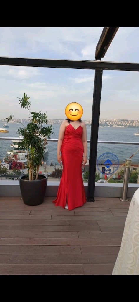 Koyu Kırmızı Saten Abiye Elbise 42 Beden - 3