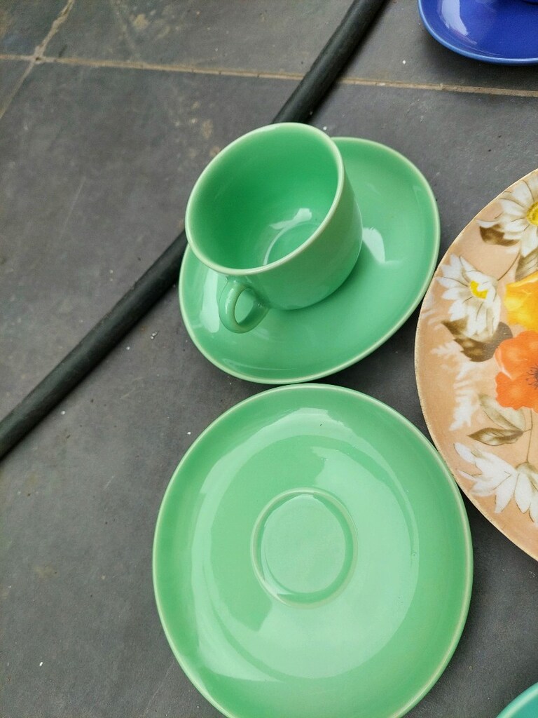 Vintage Güral stoneware porselen fincan. Vintage renk melamin tabak. - 5