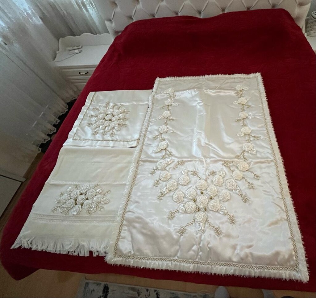 seccade takımı el işi kurdele işlemeli 3lü - 2