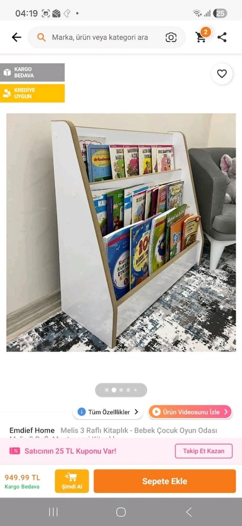 Montessori Beyaz 3 raflı Kütüphane