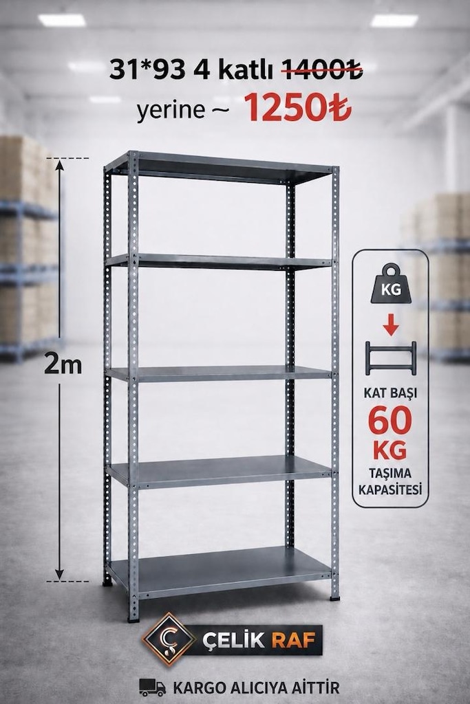 İMALATTAN ÇELİK RAF, DEPO,ARŞİV RAFI 31*93 / 2 METRE YÜKSEKLİK,4 KATLI