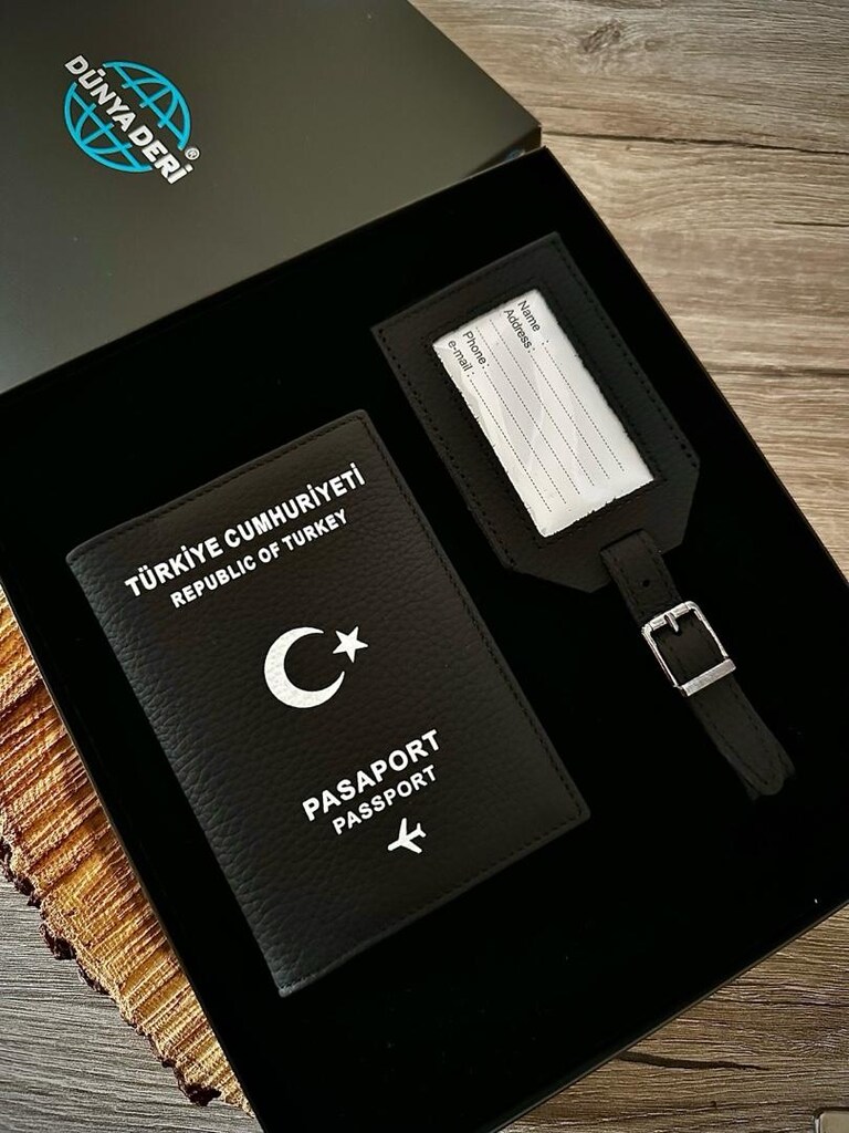 Deri Pasaport Kılıfı, Deri Pasaport Kabı Cüzdanı Bagaj Etiket 2’li Set - 13