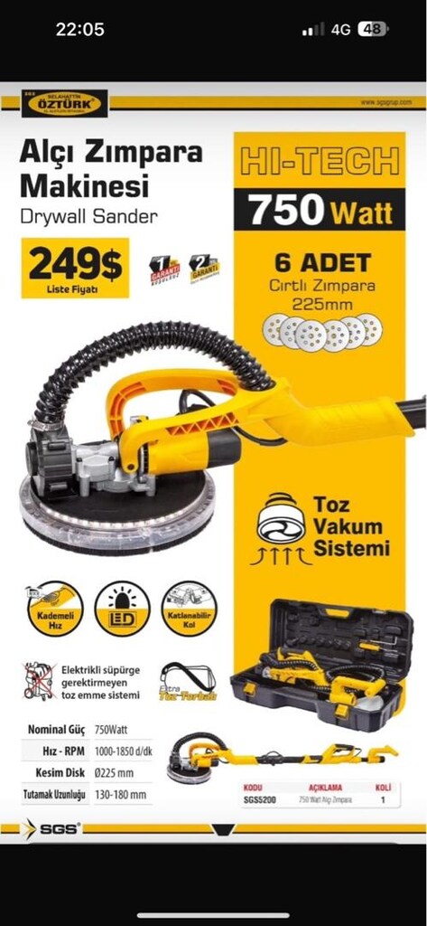 Sgs alçı zımpara makinası 750watt led aydınlatmalı toz vakum sistemli