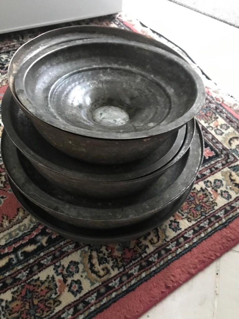 4 adet antika bakır tencere ve tepsi - 2