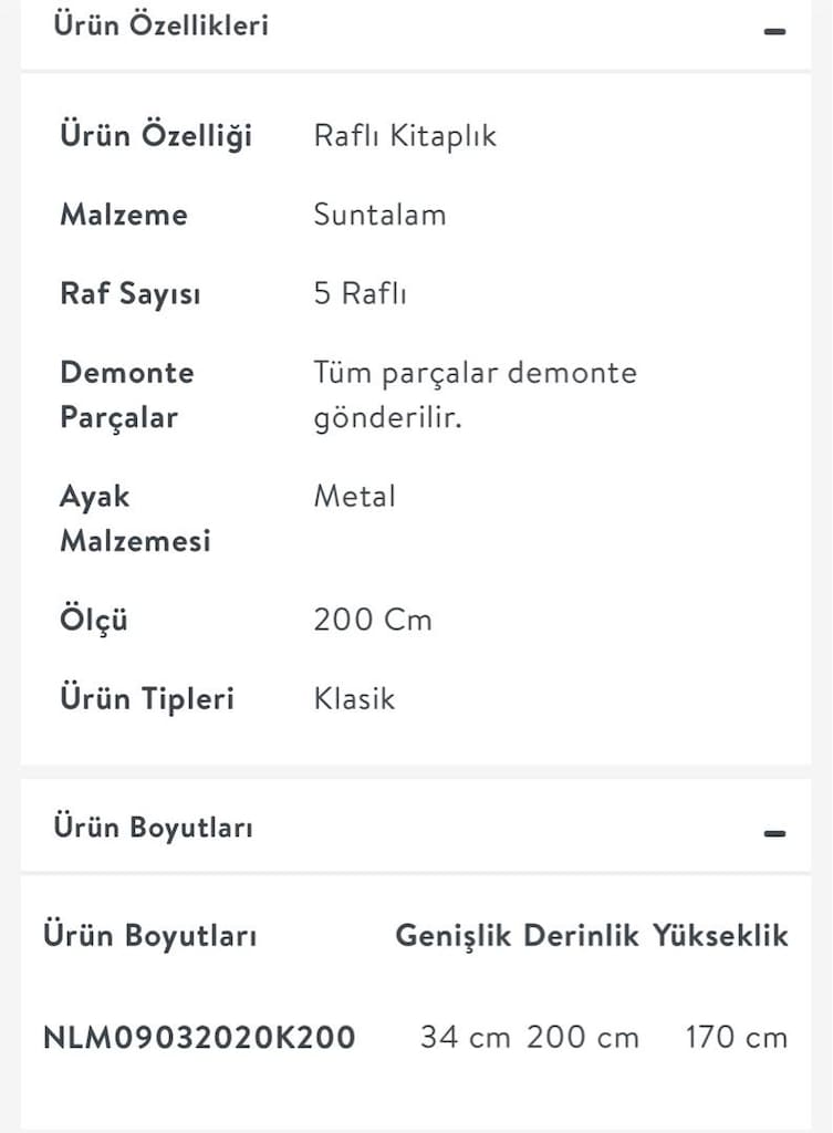 vivense marka 5 raflı 200 cm kitaplık Atlantik çam