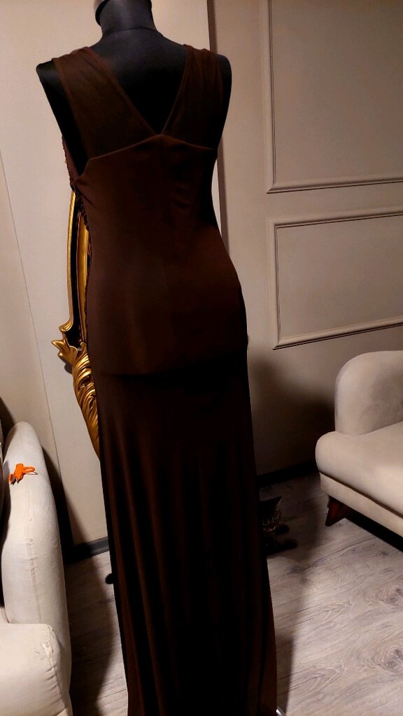 Koyu kahve likralı drape güpür tasarım abiye - 2