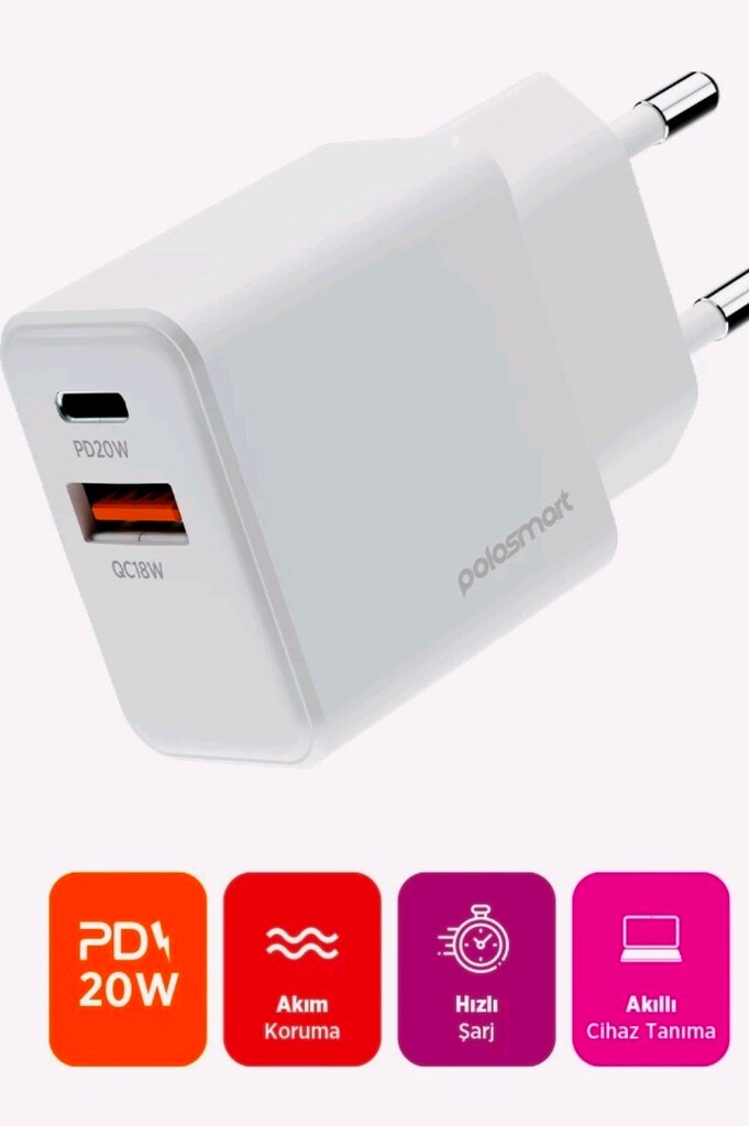 Polosmart PBS136 Hızlı 1 USB 1 PD Çıkışlı 20W Şarj Adaptörü Duvar Şarj - 7