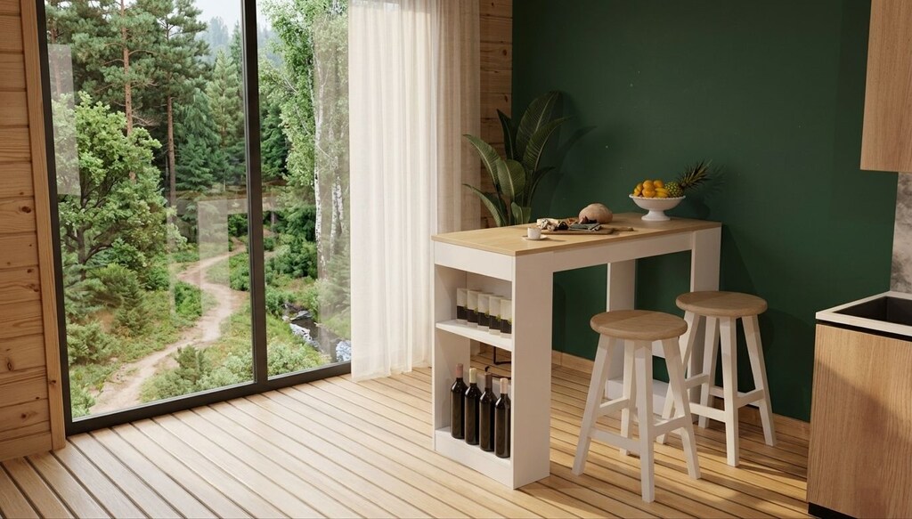 Sıfır , %100 MDF , Bar Masası / Çok Amaçlı Raflı Mutfak Masası - Beyaz - 3