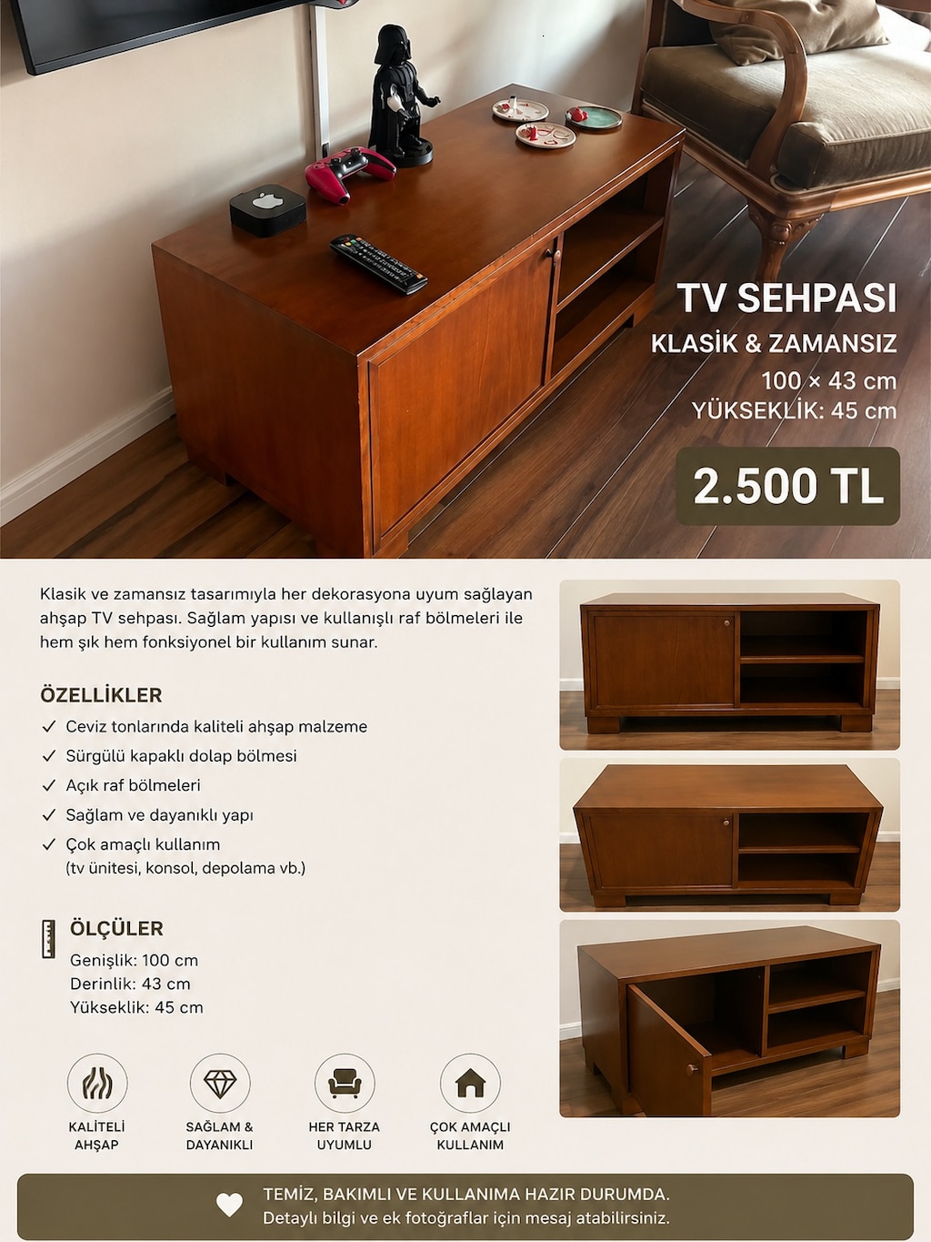 KLASİK AHŞAP TV SEHPASI / KONSOL 2.500 TL / Kadıköy Caddebostan - 2