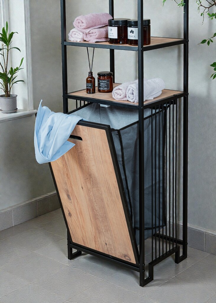 KİRLİ SEPETLİ BANYO DOLABI AHŞAP RAFLI METAL GÖVDELİ 4 RAFLI ORGANİZER - 6