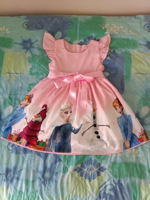 Frozen Temalı Pembe Kız Çocuk Elbise