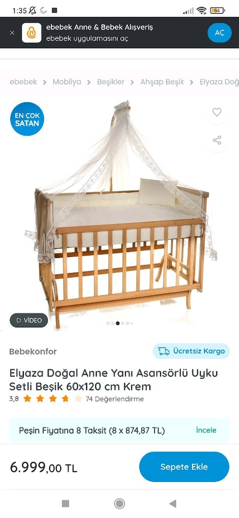Elyaza Doğal Anne Yanı Asansörlü Uyku Setli Beşik 60x120 cm Krem - 2