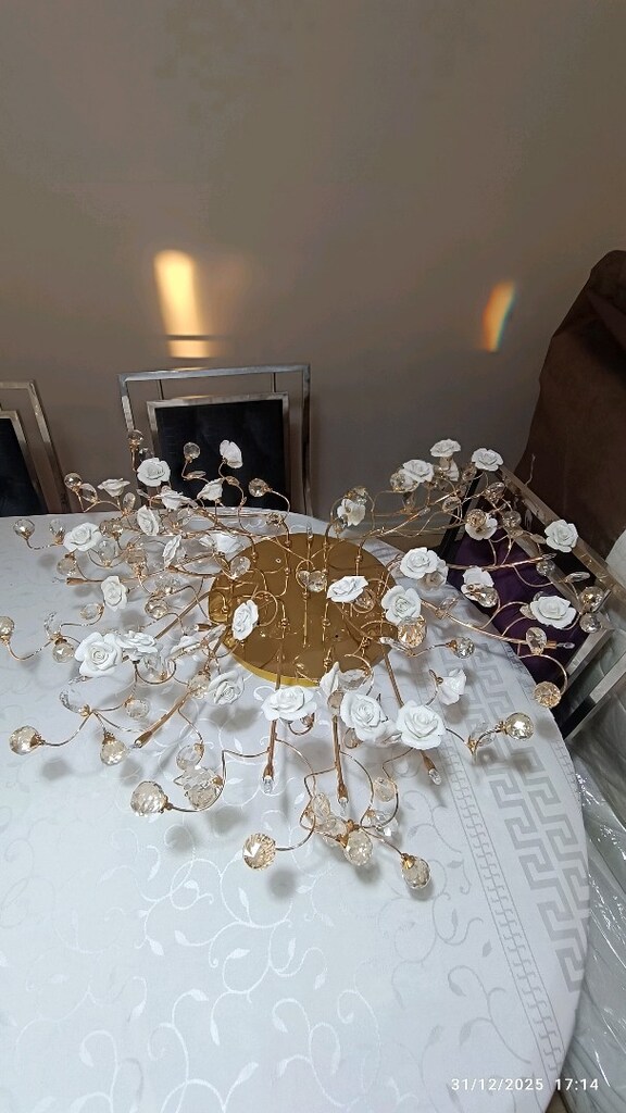 Altın Rengi Çiçek Detaylı Kristal Avize - 11