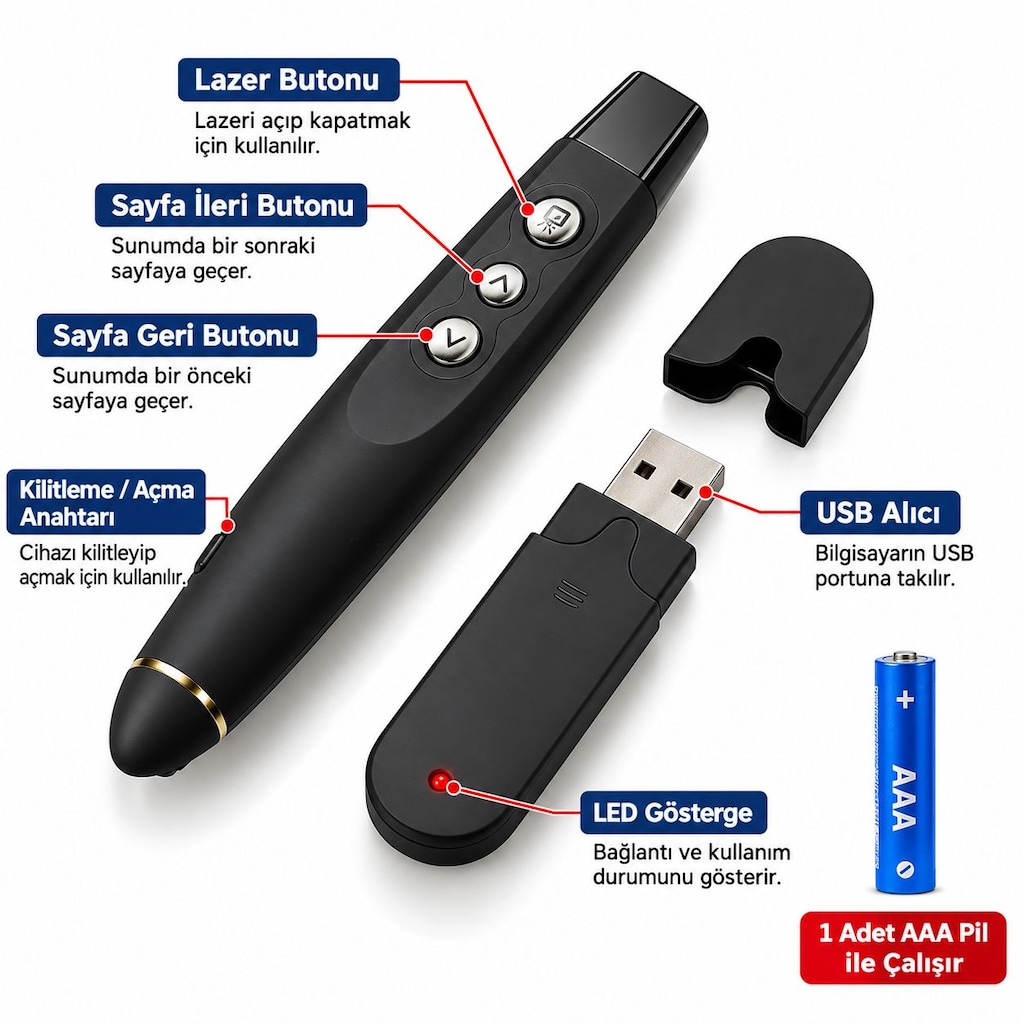 Çantalı Kablosuz Sunum kumandası Lazer Pointer PP1000 - 5