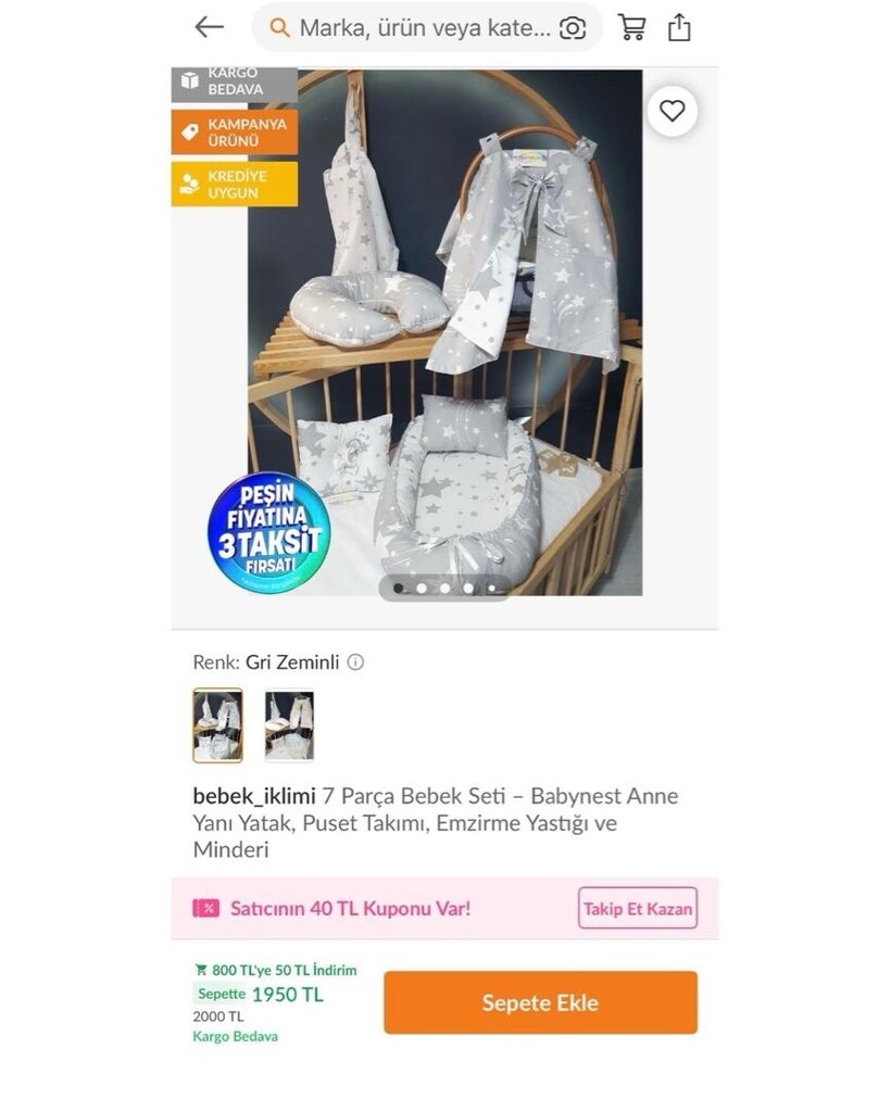 7 Parça Bebek Seti - Babynest, Puset Takımı, Emzirme Yastığı ve Minder - 2