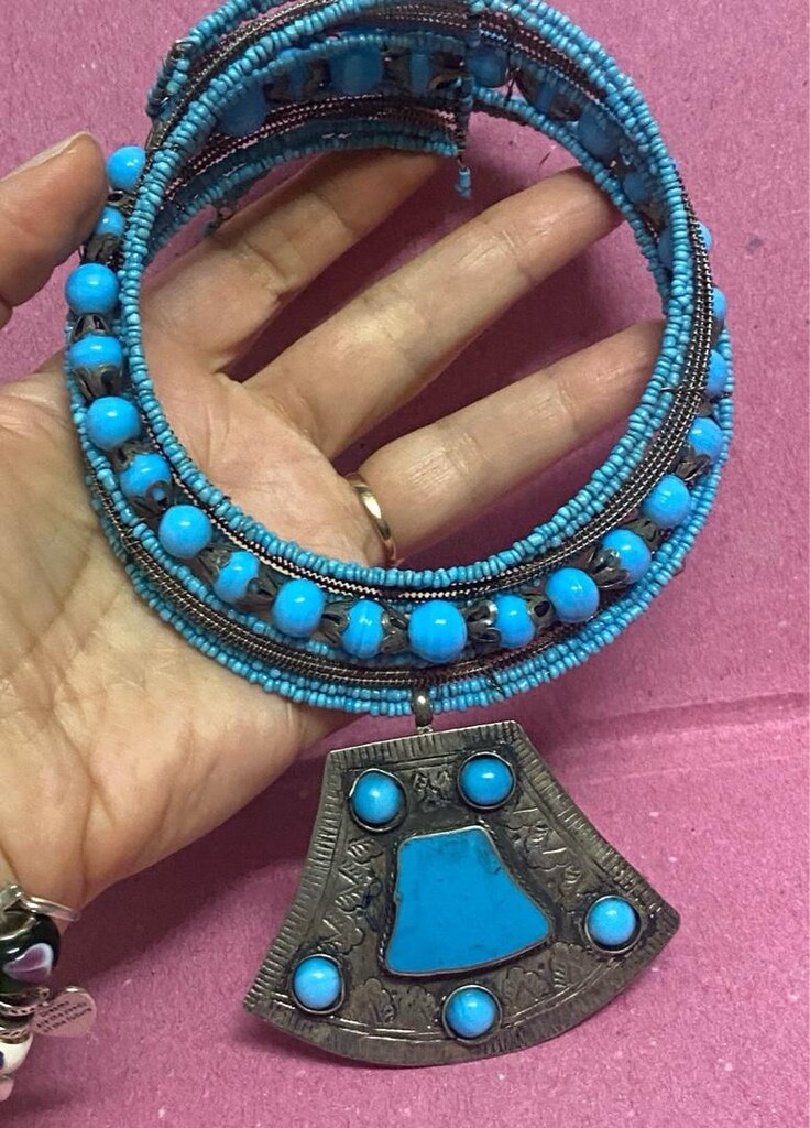 Vintage El İşçiliği Mavi Cam Boncuklu Choker ( Tasma ) Kolye - 9