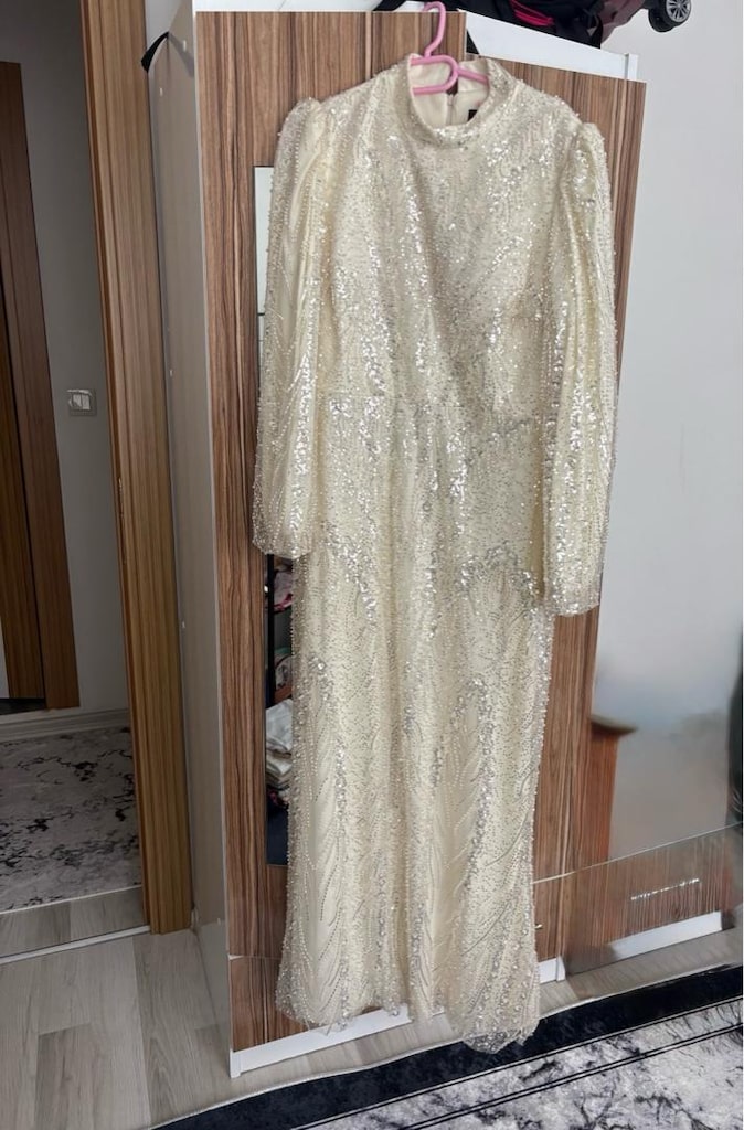 krem taşlı parlak nikah nişan elbisesi tesettür - 3