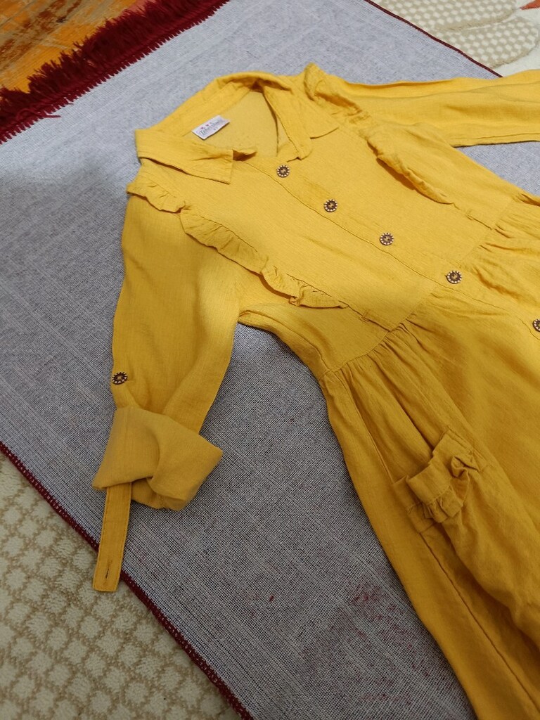 9 yaş hardal rengi kolları katlamalı cepli elbise - 6
