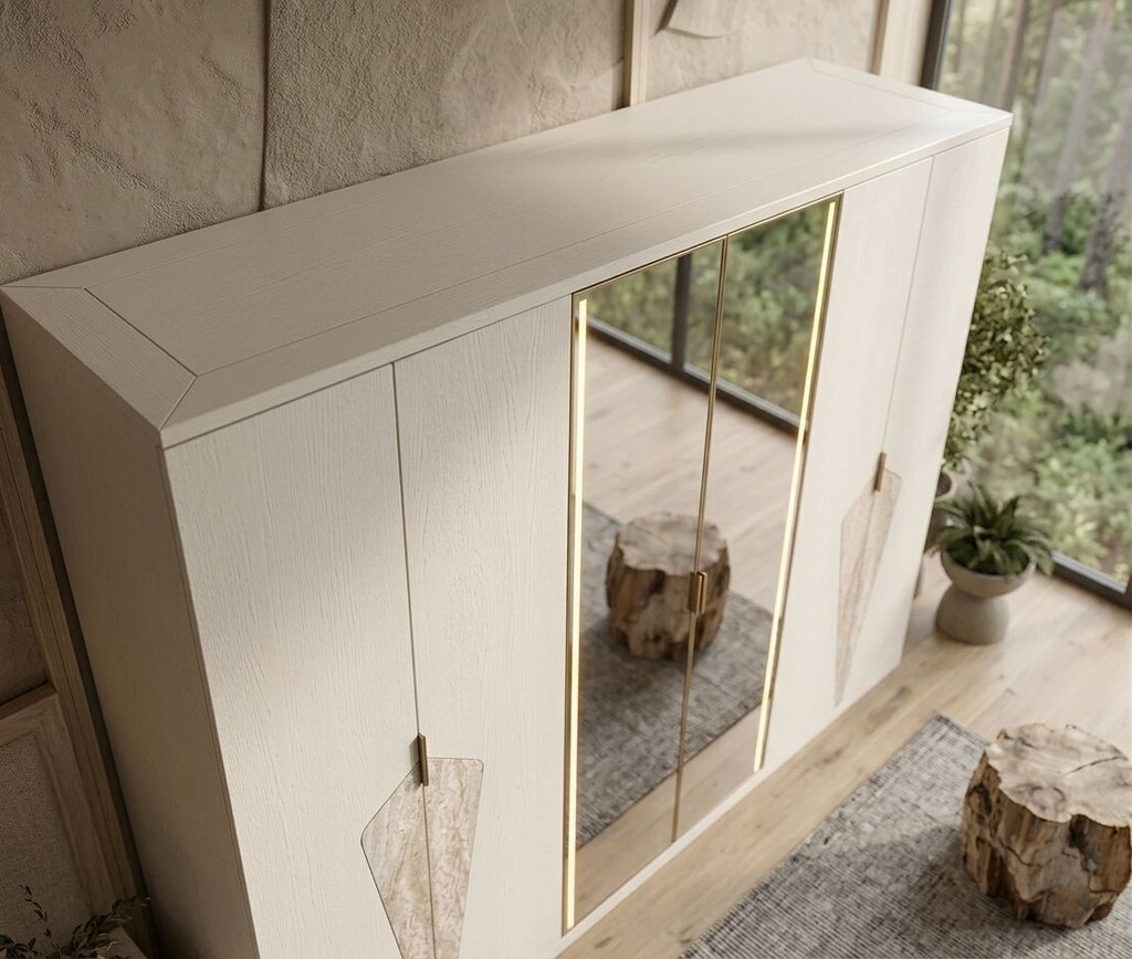 Sıfır,%100 MDF, LED Aydınlatmalı 6 Kapılı Gardırop- kum beji,Traverten - 4