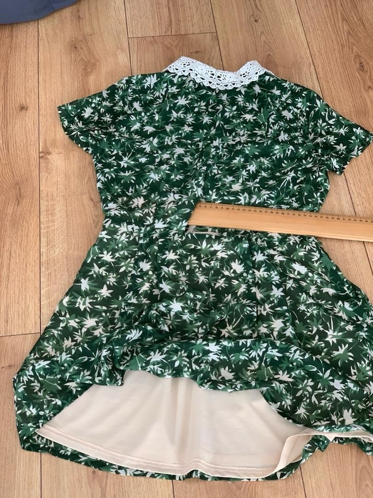 Yeşil Çiçek Desenli, Dantel Yakalı, Mini Elbise - 5